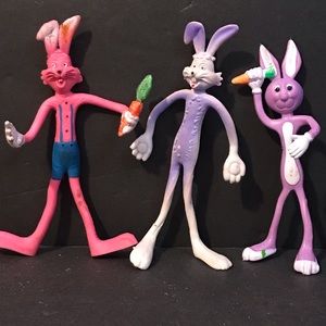 Lot of 3 Vintage Bendable Easter Basket Bunny Rabbits Flexible Toy Pink/Purple